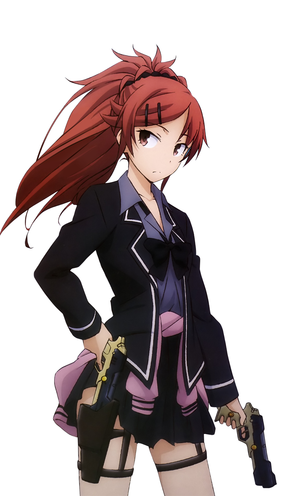 1girl black_bow black_skirt bow bowtie brown_hair chigusa_asuha clothes_around_waist collarbone cowboy_shot dual_wielding gun hair_ornament hair_scrunchie hairclip high_ponytail highres holding holding_gun holding_weapon holster jacket_around_waist long_hair pink_jacket pleated_skirt qualidea_code scrunchie skirt solo thigh_holster transparent_background uniform weapon