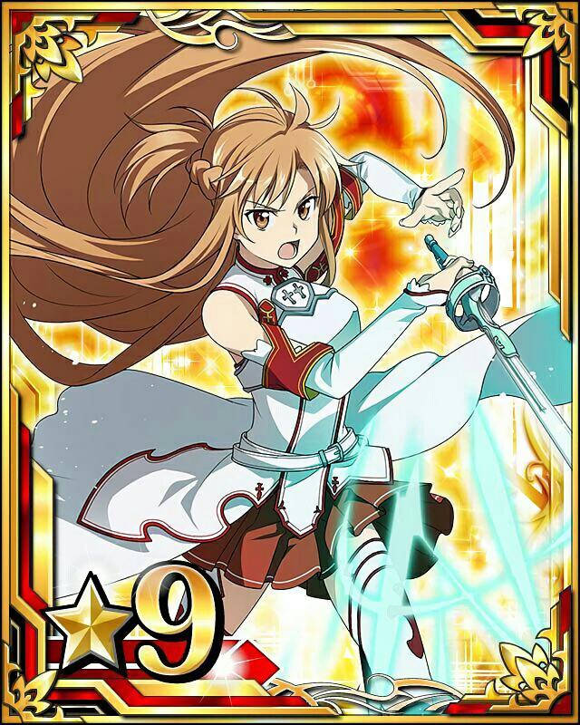 1girl asuna_(sao) brown_eyes brown_hair brown_skirt card_(medium) detached_sleeves floating_hair holding holding_sword holding_weapon long_hair looking_at_viewer number open_mouth pleated_skirt rapier skirt solo star sword sword_art_online thigh-highs very_long_hair weapon white_legwear