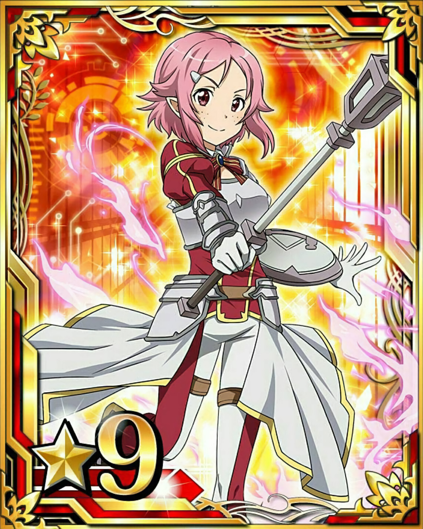 1girl breastplate card_(medium) gloves hair_ornament hairclip holding holding_weapon lisbeth_(sao-alo) looking_at_viewer number one_leg_raised pink_eyes pink_hair pointy_ears shield short_hair smile solo star sword_art_online weapon white_gloves