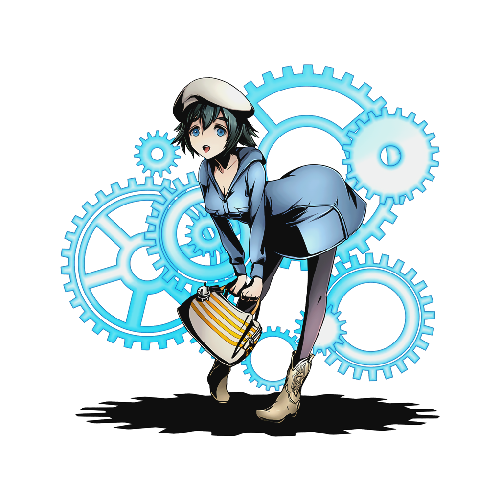 1girl bag bent_over black_hair black_legwear blue_eyes boots breasts cleavage collarbone divine_gate full_body grey_hat holding medium_breasts official_art open_mouth pantyhose shadow shiina_mayuri short_hair solo steins;gate transparent_background ucmm