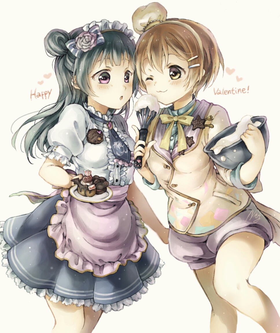 2girls :o ;3 apron black_hair bow bowl brown_eyes brown_hair center_frills commentary_request flower frilled_apron frills hair_bow hair_flower hair_ornament hairpin happy_valentine haru_hina hat heart holding holding_bowl holding_plate hoshizora_rin icing long_hair looking_at_another love_live! love_live!_school_idol_project love_live!_sunshine!! maid_headdress mini_hat mixing_bowl multiple_girls neck_ribbon necktie orange_hair pin pink_apron plate ribbon short_hair short_sleeves shorts side_bun skirt striped striped_bow tsushima_yoshiko violet_eyes waist_apron whisk yellow_ribbon