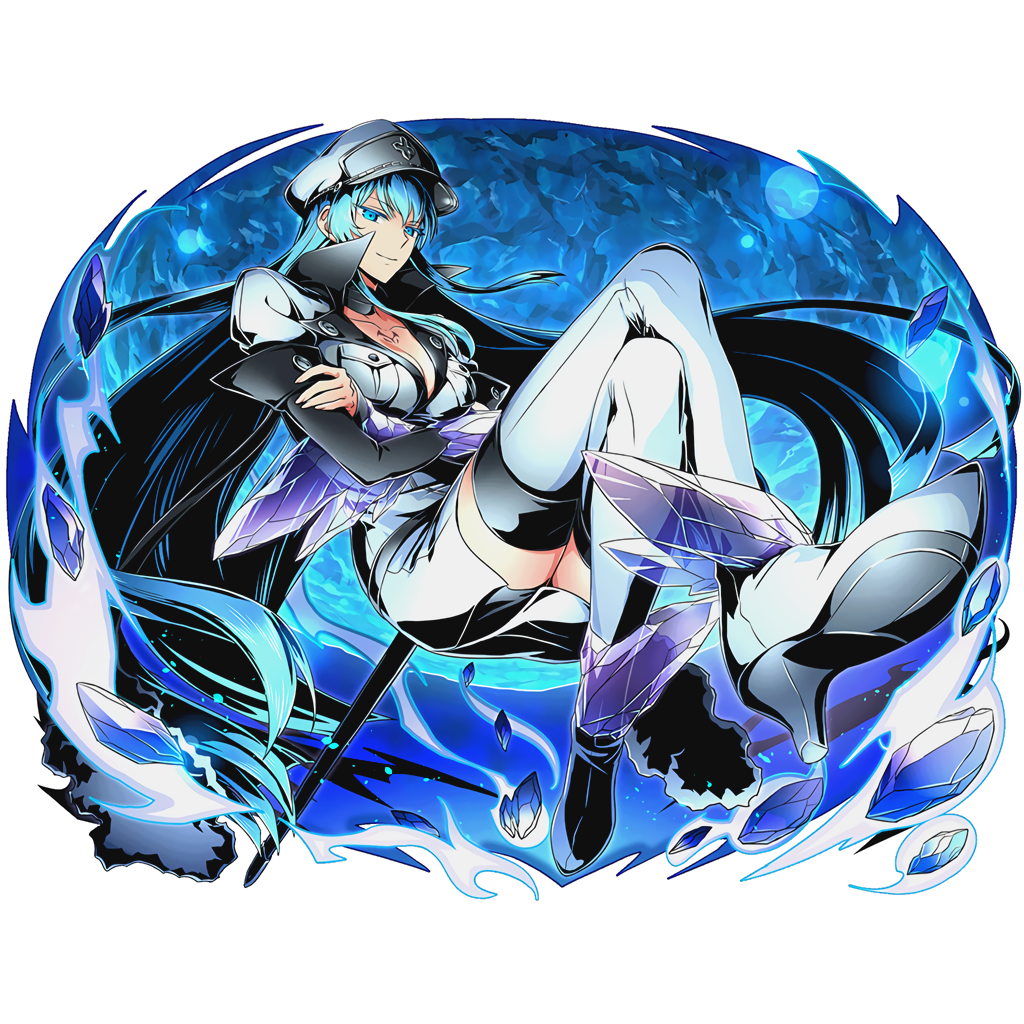 1girl absurdly_long_hair akame_ga_kill! blue_eyes blue_hair boots breasts choker cleavage collarbone crossed_arms divine_gate esdeath full_body hat high_heels ice long_hair medium_breasts military military_hat military_uniform official_art sheath skirt smile solo thigh-highs thigh_boots transparent_background ucmm uniform very_long_hair white_boots
