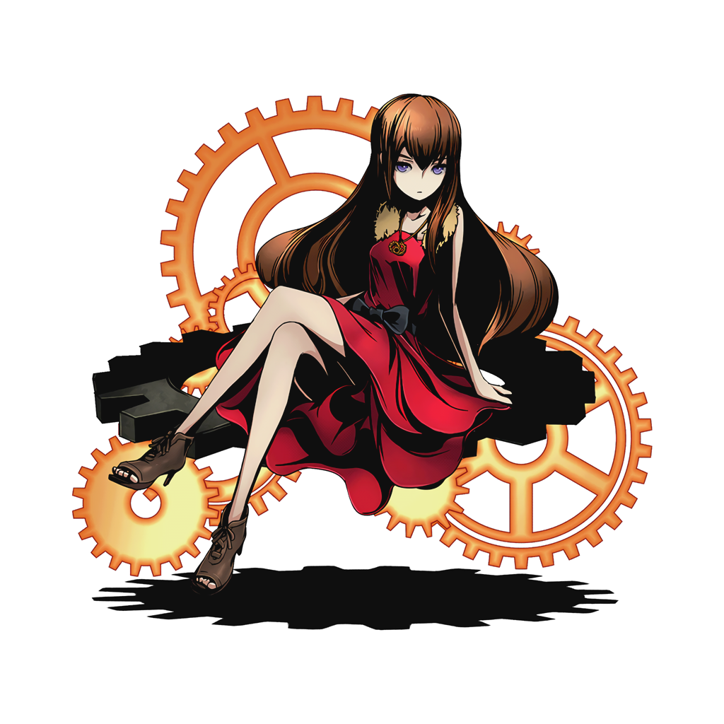 1girl blue_eyes brown_hair collarbone divine_gate dress full_body high_heels jewelry legs_crossed long_hair looking_at_viewer makise_kurisu necklace official_art red_dress sitting sleeveless sleeveless_dress solo steins;gate transparent_background ucmm very_long_hair