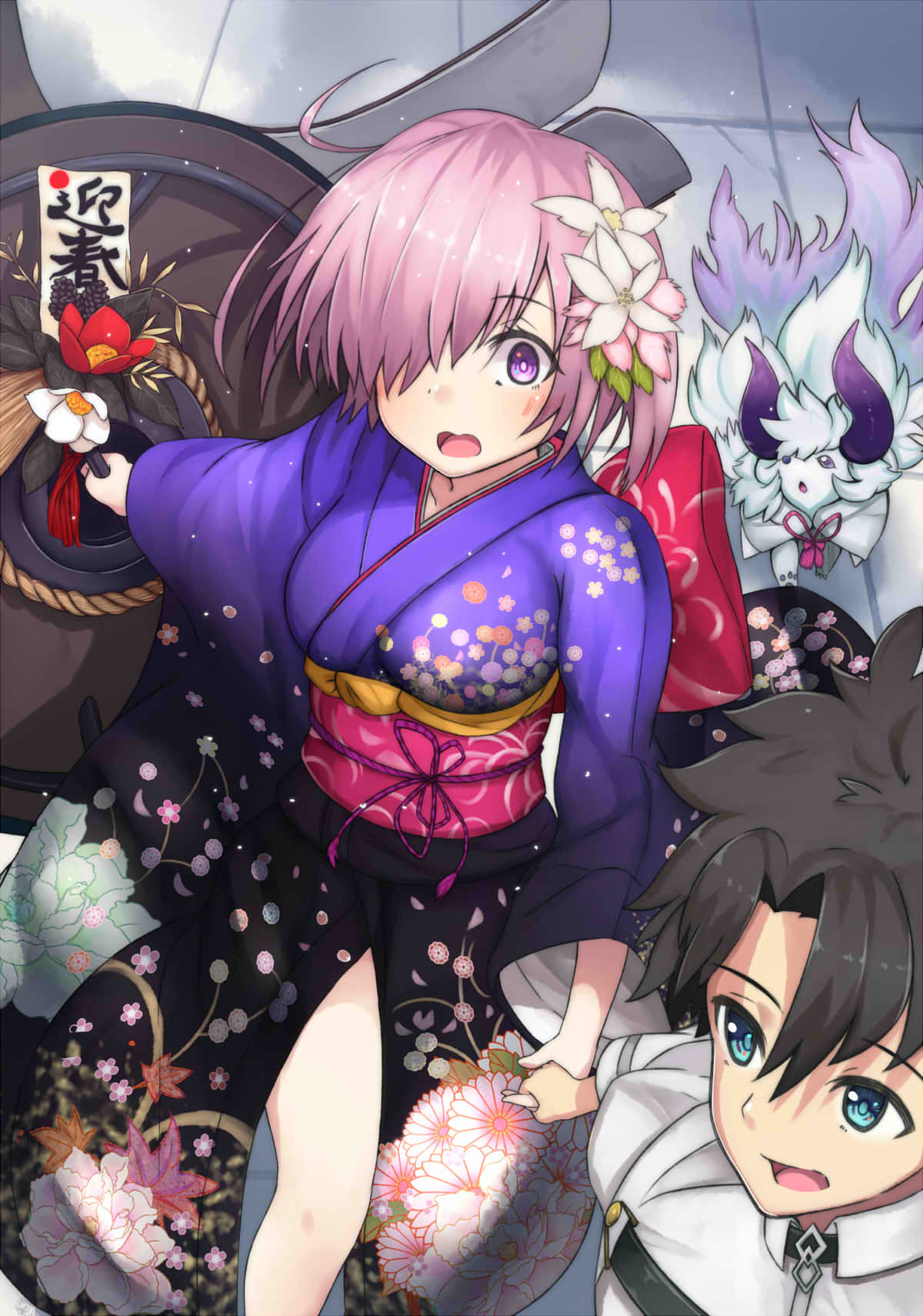 1boy 1girl 3: bangs beriko_(dotera_house) black_hair black_kimono blue_eyes blush breasts charm_(object) d: eyebrows_visible_through_hair fou_(fate/grand_order) fujimaru_ritsuka_(male) furisode gradient_clothes hair_over_one_eye hand_holding highres holding_shield japanese_clothes kimono large_breasts obi open_mouth parted_bangs purple_hair purple_kimono robe sash shield shielder_(fate/grand_order) short_hair tile_floor tiles violet_eyes wide_sleeves