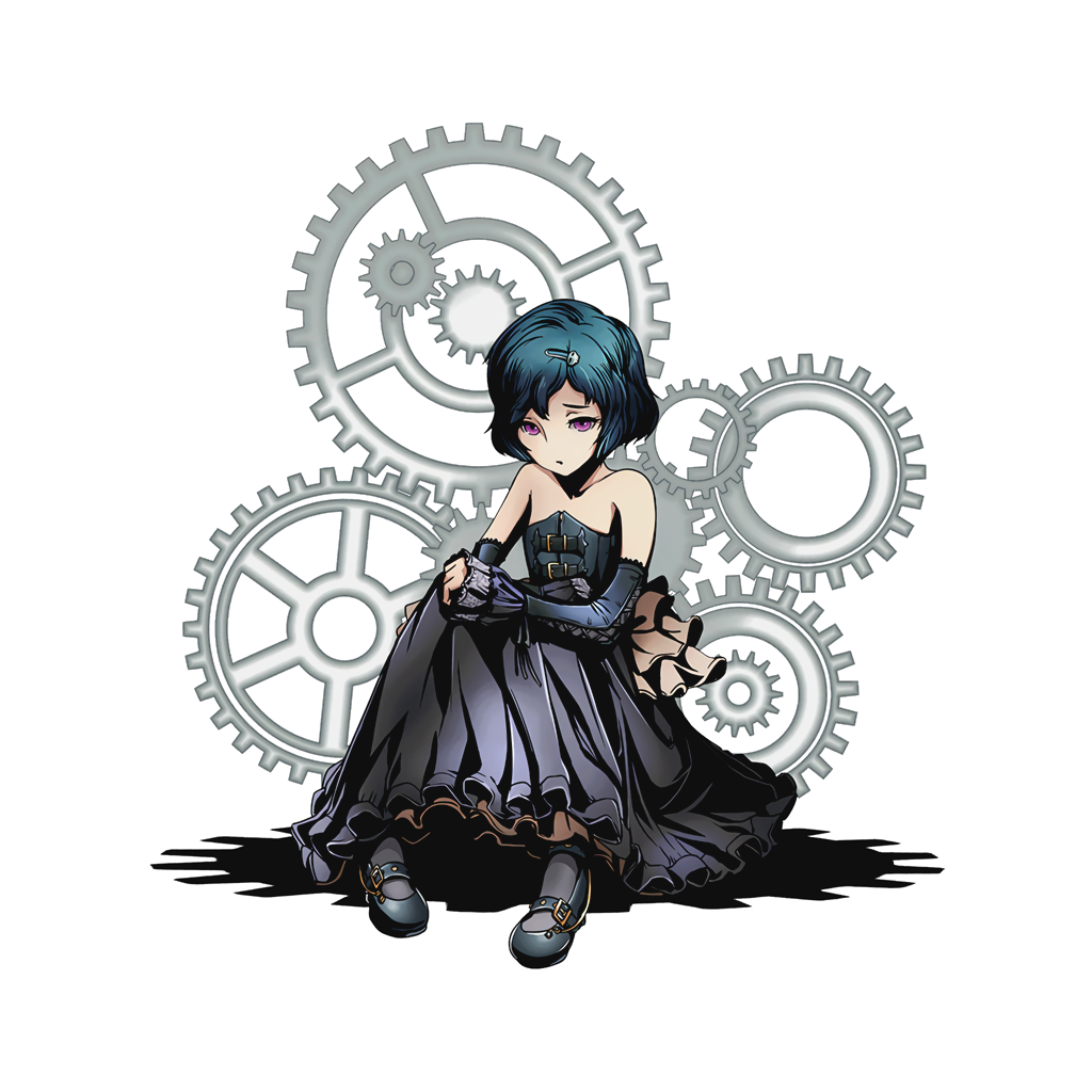 1boy bare_shoulders black_dress black_legwear blue_hair collarbone crossdressinging detached_sleeves divine_gate dress full_body hair_ornament hairclip official_art shadow short_hair sitting sleeveless sleeveless_dress solo strapless strapless_dress transparent_background trap ucmm urushibara_ruka violet_eyes