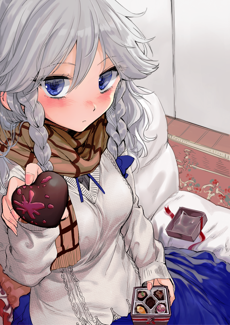 1girl alternate_costume blue_bow blue_eyes blue_skirt blush bow braid brown_scarf chocolate chocolate_heart geppewi hair_between_eyes hair_bow heart incoming_food izayoi_sakuya long_sleeves looking_at_viewer silver_hair sitting skirt solo sweater touhou twin_braids