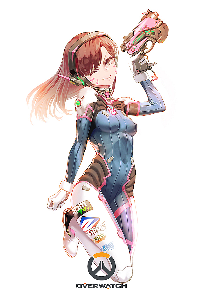 &gt;;) 1girl acronym animal_print bangs blizzard_(company) blue_bodysuit bodysuit breasts brown_eyes brown_hair bunny_print charm_(object) clenched_hand clothes_writing copyright_name covered_navel cowboy_shot d.va_(overwatch) emblem facepaint facial_mark gloves gun handgun head_tilt headphones high_collar holding holding_gun holding_weapon hyury long_hair looking_at_viewer medium_breasts one_eye_closed one_leg_raised overwatch pilot_suit pinky_out pistol ribbed_bodysuit shoulder_pads simple_background skin_tight smile solo swept_bangs trigger_discipline weapon whisker_markings white_background white_gloves