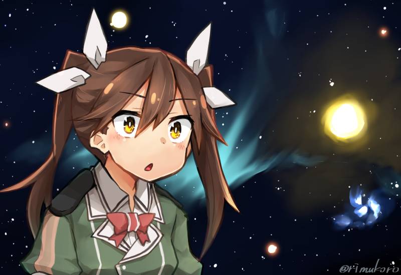 1girl :o bow bowtie brown_hair collared_shirt glowing green_jacket hair_between_eyes hair_ribbon jacket kantai_collection meme open_mouth red_bow red_bowtie ribbon rimukoro shirt solo space tone_(kantai_collection) triangle_mouth twitter_username upper_body white_ribbon white_shirt yellow_eyes