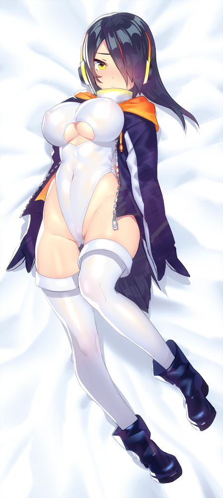 1girl ankle_boots arms_at_sides bed_sheet black_boots black_gloves black_hair boots breasts closed_mouth covered_navel dress emperor_penguin_(kemono_friends) erect_nipples full_body gloves gluteal_fold groin hair_over_one_eye headphones highleg highleg_leotard hood hood_down hoodie kemono_friends large_breasts leotard long_hair looking_at_viewer lying mckeee multicolored_hair on_back on_bed open_clothes open_hoodie orange_hair ribbed_dress ribbed_leotard skin_tight solo streaked_hair thigh-highs thigh_gap turtleneck two-tone_hair under_boob underboob_cutout violet_eyes white_legwear white_leotard yellow_eyes