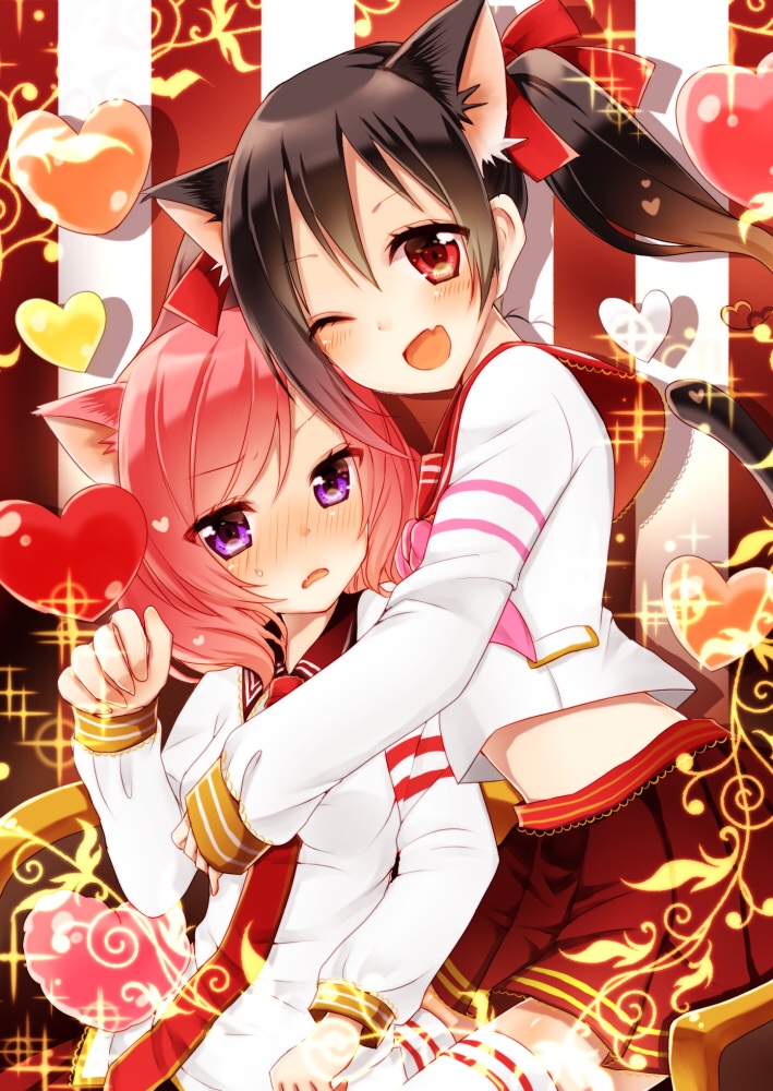2girls ;d animal_ears bangs belly_peek black_hair blush bow cat_day cat_ears cat_tail commentary_request fang hair_bow heart hug long_sleeves looking_at_viewer love_live! love_live!_school_idol_project multiple_girls nishikino_maki one_eye_closed open_mouth paw_pose pleated_skirt red_bow red_eyes redhead school_uniform serafuku skirt smile sparkle striped sunao sweatdrop tail twintails vertical-striped_background vertical_stripes violet_eyes yazawa_nico