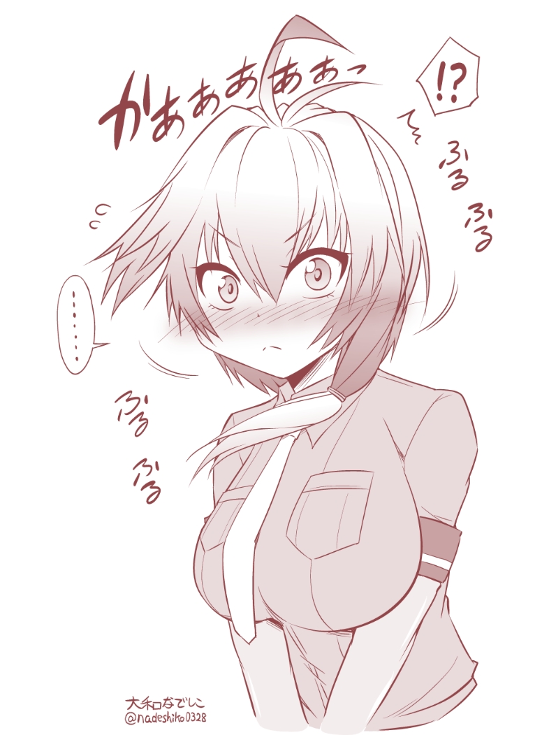 !? ... 1girl ahoge artist_name bird blush breasts comic commentary_request greyscale hair_between_eyes kemono_friends large_breasts long_hair looking_at_viewer monochrome necktie nose_blush shaking_head shirt shoebill shoebill_(kemono_friends) short_sleeves sidelocks solo spoken_ellipsis spoken_interrobang translation_request twitter_username v_arms white_background yamato_nadeshiko