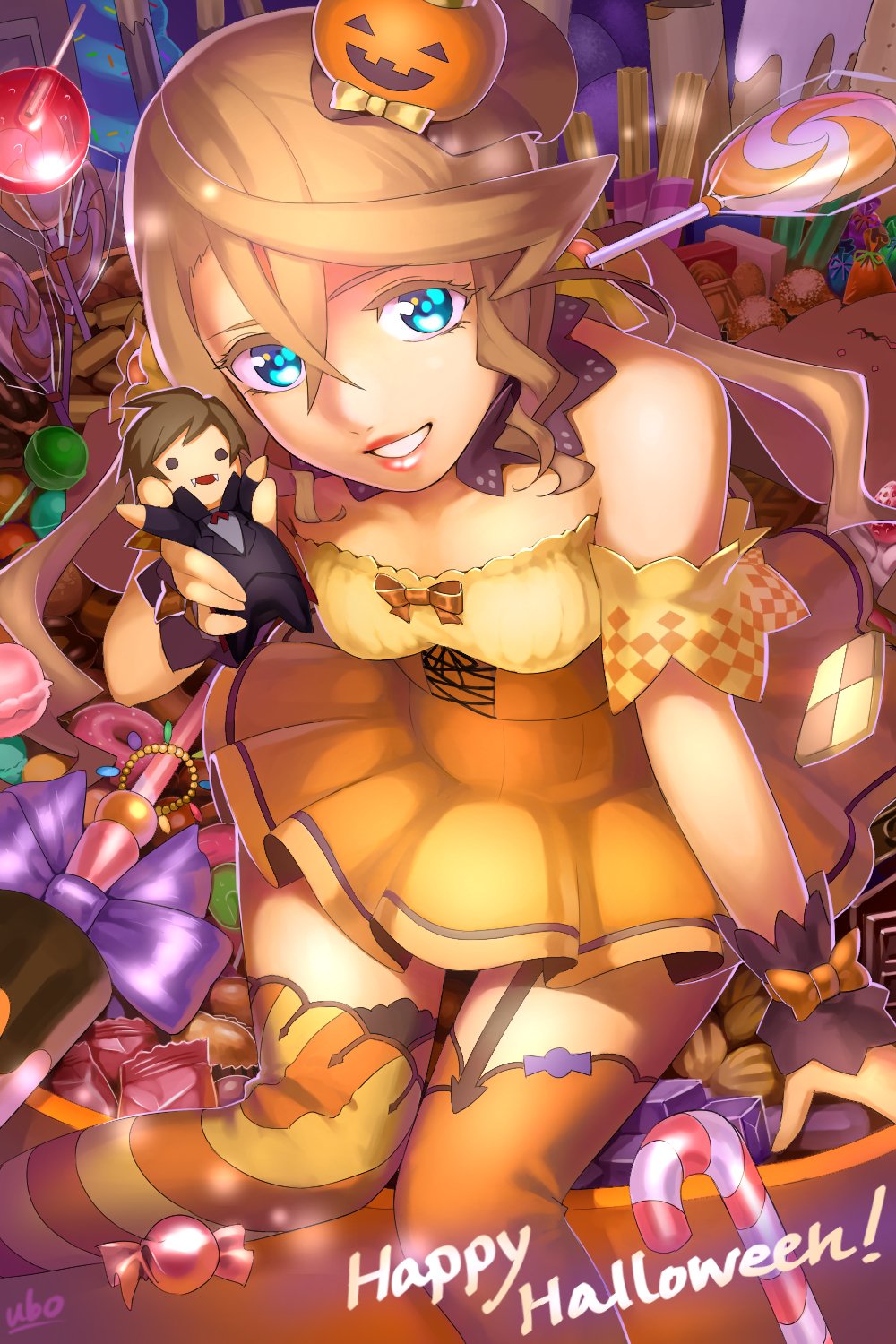 1girl alisha_diphda bare_shoulders blue_eyes candy candy_cane character_doll chibi dress fangs food garter_straps grin hair_between_eyes halloween highres jack-o'-lantern lips lollipop looking_at_viewer mismatched_legwear polearm smile solo sorey_(tales) tales_of_(series) tales_of_zestiria thigh-highs ubo_tales weapon wrist_cuffs