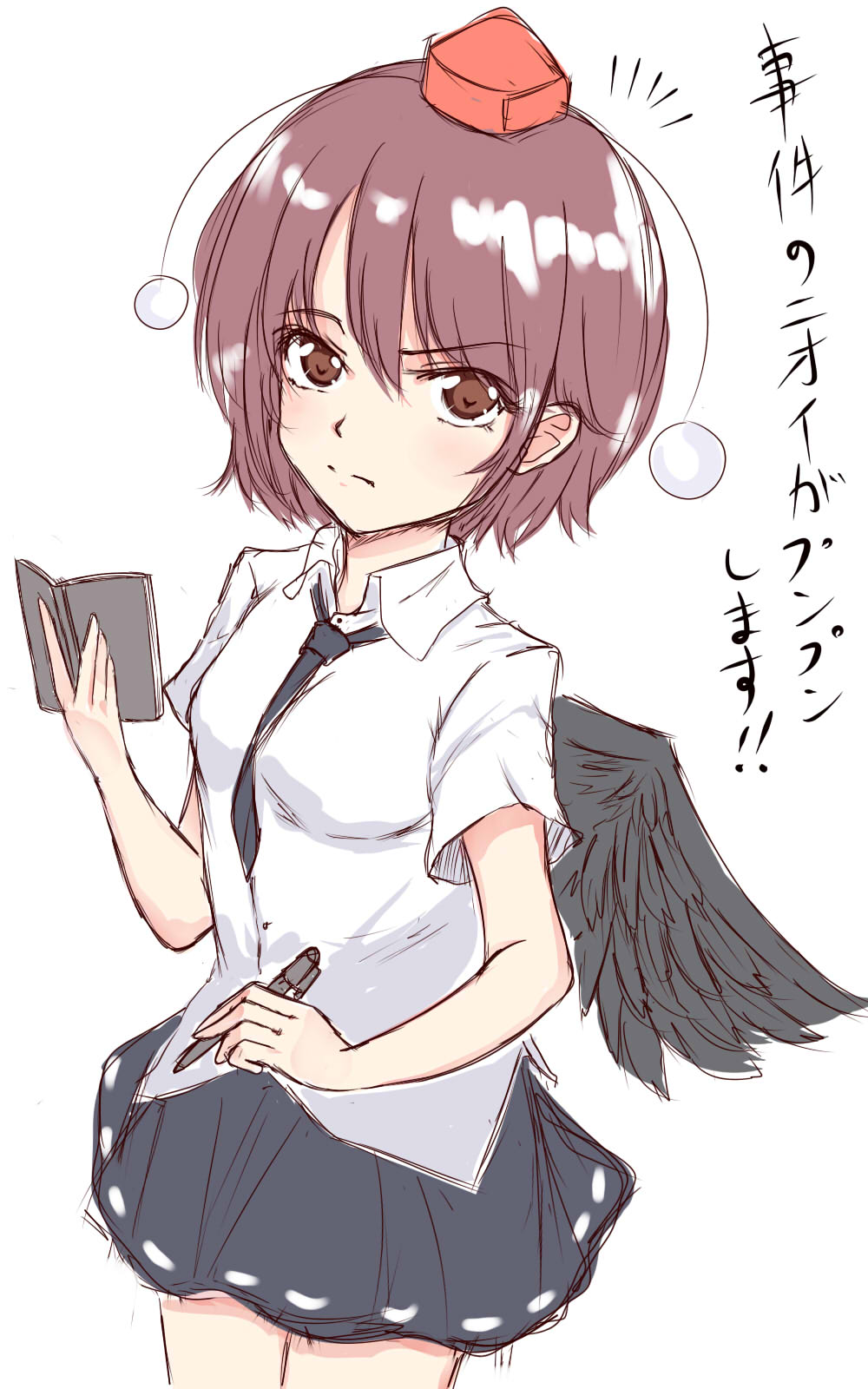 /\/\/\ 1girl between_breasts black_hair black_skirt black_wings blush book breasts brown_eyes closed_mouth collared_shirt cowboy_shot feathered_wings hat highres holding holding_book holding_pen looking_at_viewer medium_breasts necktie necktie_between_breasts open_book pen pom_pom_(clothes) purple_hair red_eyes red_hat serious shameimaru_aya shiny shiny_hair shirt short_hair short_sleeves simple_background sketch skirt standing tokin_hat touhou translation_request wendell white_background white_shirt wing_collar wings