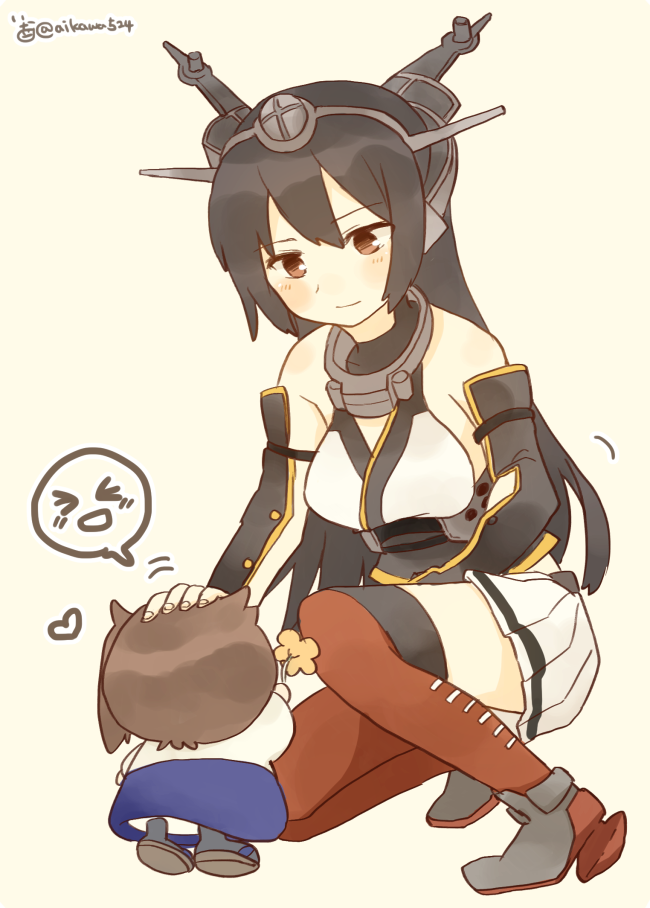 2girls black_gloves black_hair blush brown_hair chibi commentary elbow_gloves fingerless_gloves flower gloves headgear heart holding holding_flower ina_(1813576) japanese_clothes kaga_(kantai_collection) kantai_collection kneeling long_hair miniskirt multiple_girls nagato_(kantai_collection) petting pleated_skirt red_eyes side_ponytail simple_background skirt sleeveless smile thigh-highs twitter_username