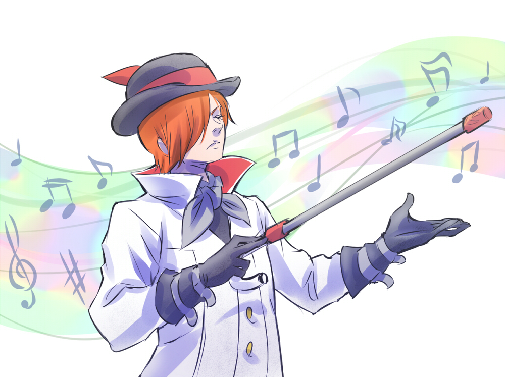 1boy bowler_hat cane closed_eyes conductor gloves hat iesupa musical_note redhead roman_torchwick rwby solo white_coat