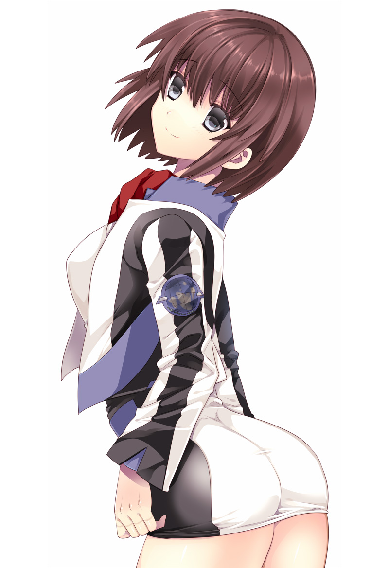 1girl ass breasts brown_hair cowboy_shot cropped_jacket finger_marks grey_eyes jacket long_sleeves looking_at_viewer nishio_rina shiny shiny_hair short_hair simple_background skirt smile solo soukyuu_no_fafner standing sumomo_(peach-breath) uniform white_background