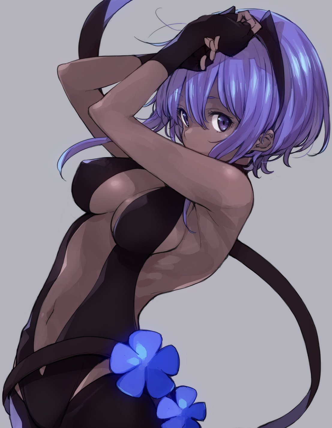 1girl assassin_(fate/prototype_fragments) backless_outfit bare_shoulders black_gloves breasts dark_skin erect_nipples fate/prototype fate/prototype:_fragments_of_blue_and_silver fate_(series) fingerless_gloves gloves grey_background hairband highres imigimuru looking_at_viewer medium_breasts navel purple_hair short_hair simple_background solo violet_eyes