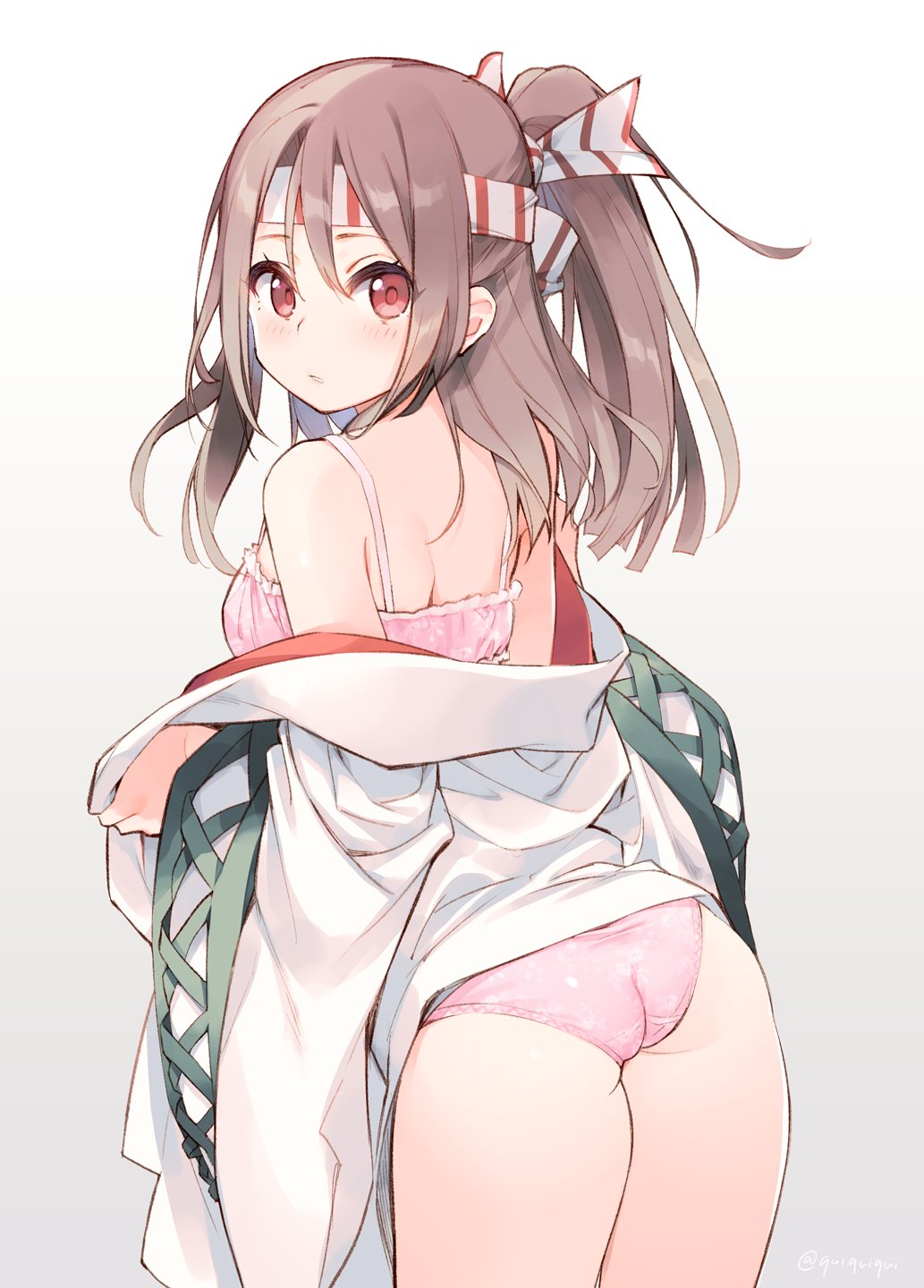 1girl ass bare_shoulders blush bra brown_eyes brown_hair closed_mouth cowboy_shot frilled_bra frills from_behind gradient gradient_background hachimaki hair_between_eyes headband highres iku_ki kantai_collection legs_together long_hair looking_at_viewer looking_back medium_hair panties pink_bra pink_panties ponytail red_eyes shoulder_blades solo twisted_neck twitter_username underwear undressing zuihou_(kantai_collection)