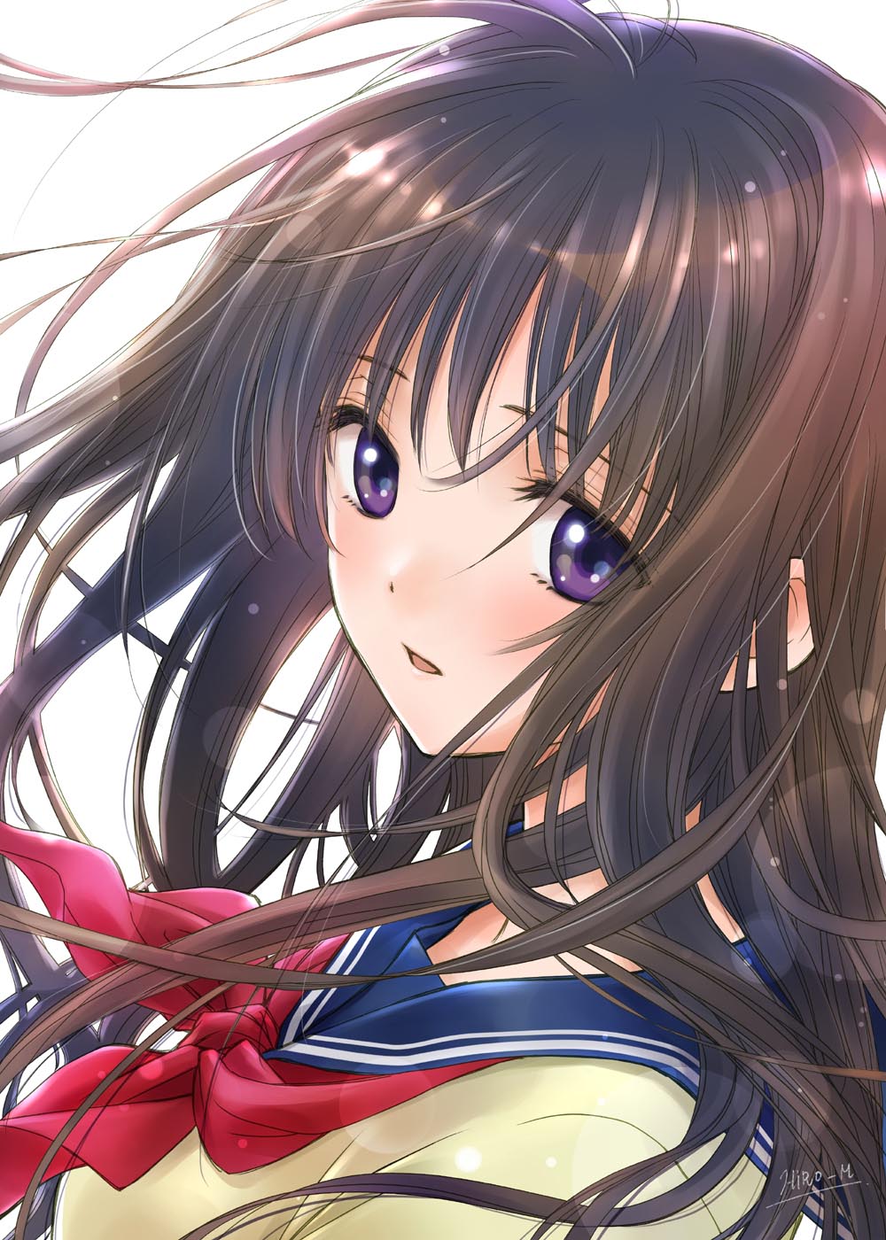 1girl :o ahoge artist_name bangs brown_hair cardigan eyebrows_visible_through_hair floating_hair hair highres hiro-m long_hair long_sleeves looking_at_viewer neckerchief open_mouth original sailor_collar school_uniform serafuku shirt simple_background solo upper_body violet_eyes white_background