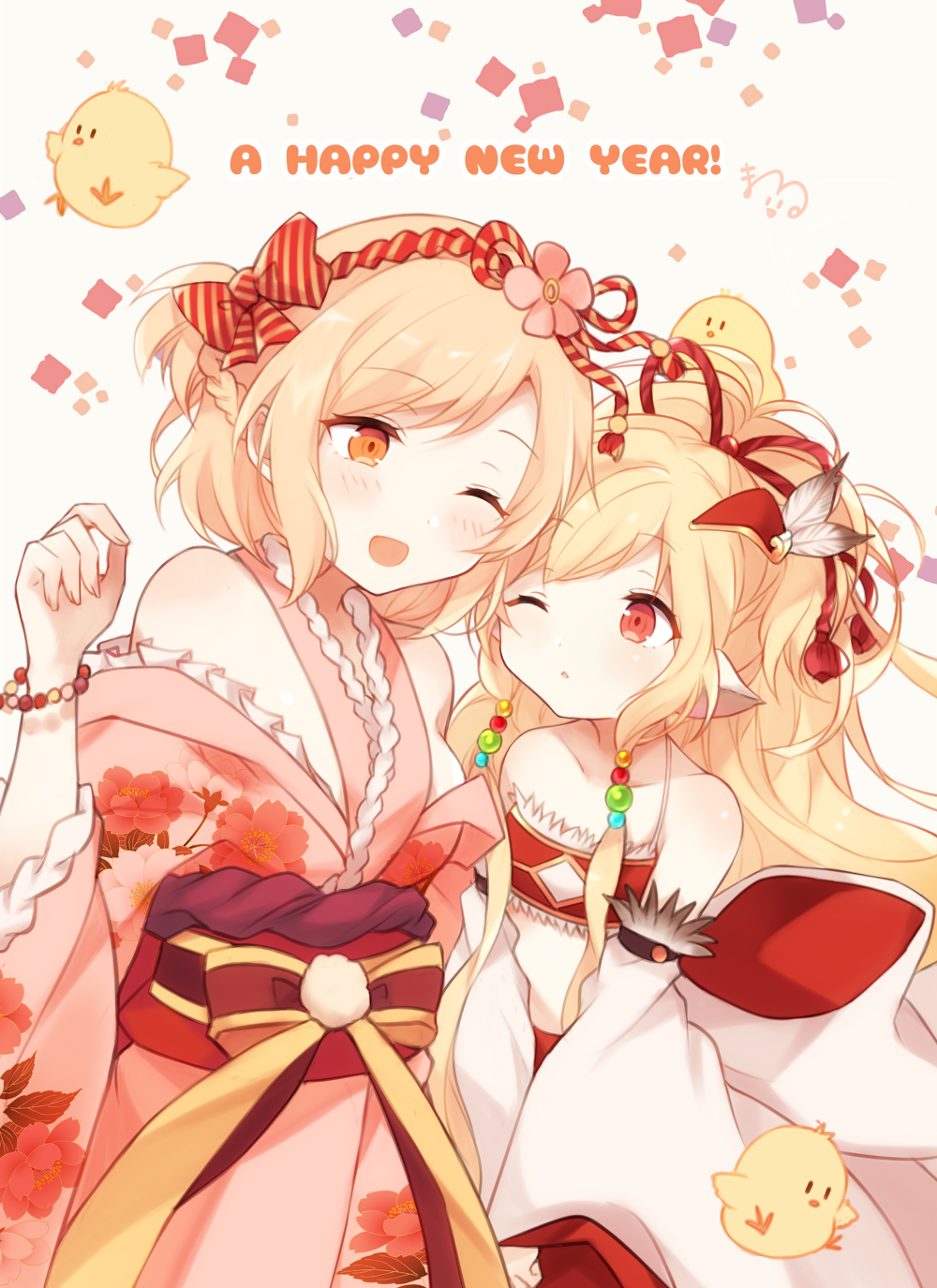 alternate_costume bare_shoulders blonde_hair blush clenched_hand commentary_request djeeta_(granblue_fantasy) english floral_print granblue_fantasy hair_ornament hairband happy_new_year harbin highres japanese_clothes kimono long_hair looking_at_viewer makira_(granblue_fantasy) maru_(maruplum) multiple_girls new_year obi one_eye_closed open_mouth red_eyes sash short_hair wide_sleeves