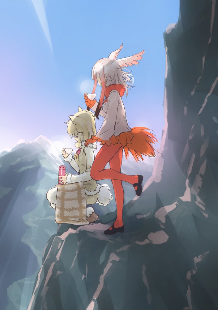 2girls alpaca_ears alpaca_suri alpaca_tail animal_ears bangs bird_tail blonde_hair blue_sky blunt_bangs boots brown_boots buttons collar crested_ibis_(kemono_friends) cup drawstrings fluffy_collar frilled_sleeves frills full_body fur-trimmed_boots fur-trimmed_sleeves fur_collar fur_trim gloves gradient_hair hair_bun hair_ribbon hand_on_another's_shoulder head_wings holding holding_cup kashmir kemono_friends kneeling leg_lift long_sleeves mary_janes mountain multicolored_hair multiple_girls neck_ribbon outdoors pantyhose pleated_skirt red_gloves red_legwear red_skirt ribbon scenery shirt shoes short_hair short_hair_with_long_locks sidelocks skirt sky sleeveless sleeveless_shirt standing standing_on_one_leg tail teacup thermos towel tress_ribbon two-tone_hair white_hair white_legwear white_shirt wide_sleeves wings