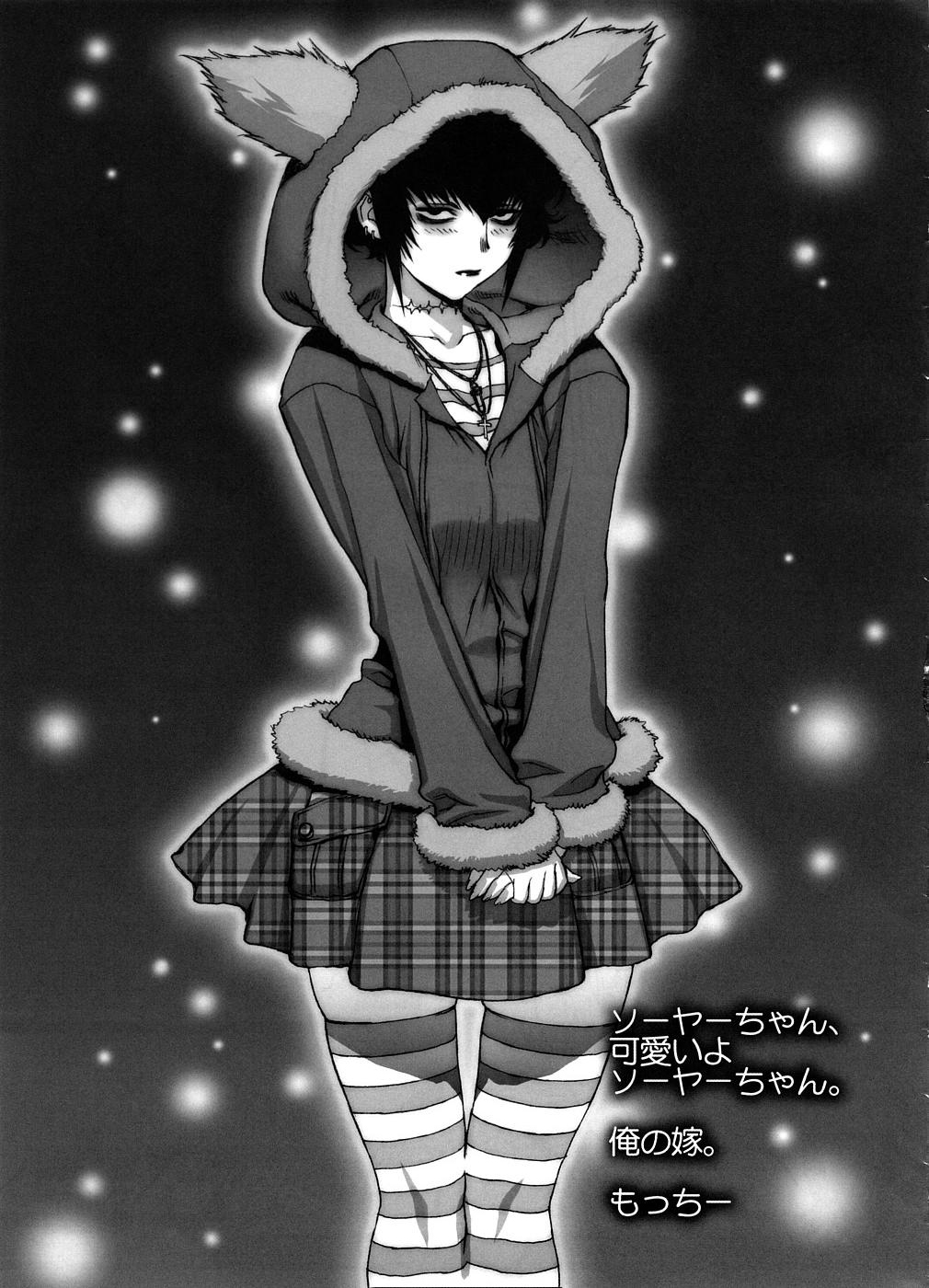 1girl animal_hood bags_under_eyes black_lagoon blush check_translation cross cross_necklace flat_chest half-closed_eyes highres hood jewelry looking_at_viewer monochrome motchie necklace plaid plaid_skirt pleated_skirt sawyer_the_cleaner scan scar short_hair sidelocks skirt solo striped striped_legwear thigh-highs translation_request zettai_ryouiki
