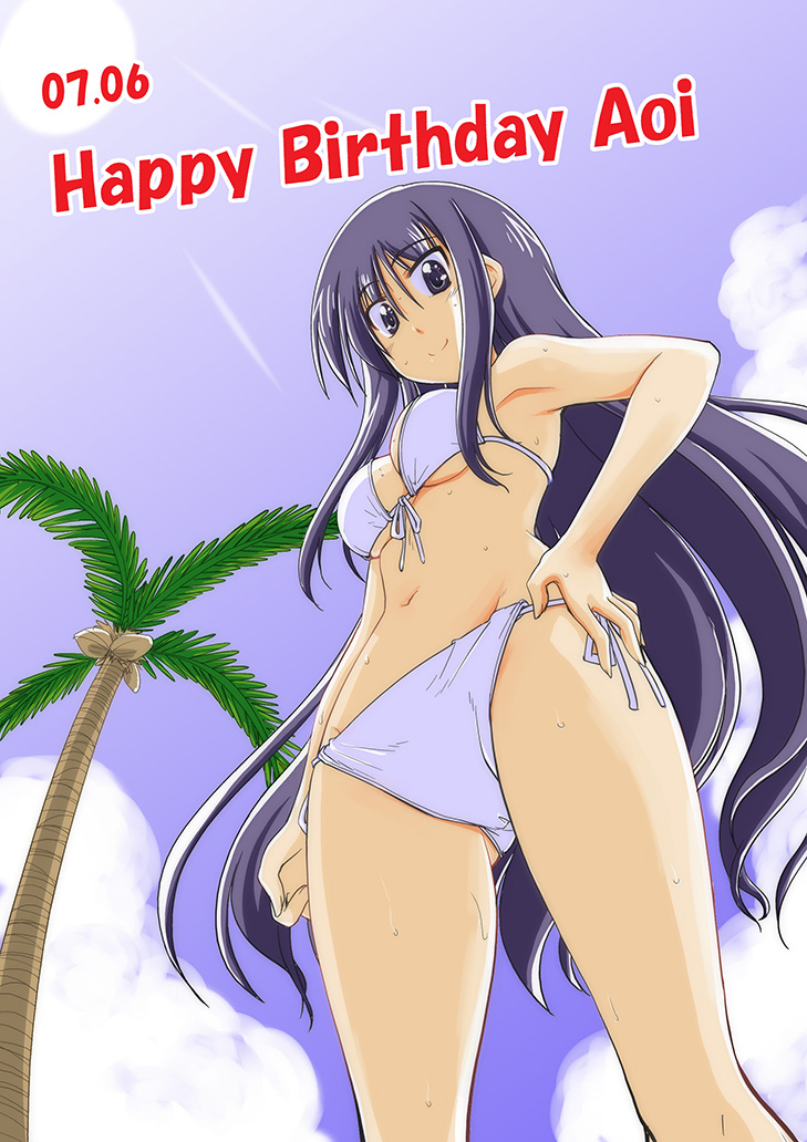 2015 armpits bikini blue_eyes breasts cleavage coconut_tree dated from_below front-tie_bikini front-tie_top gluteal_fold hand_on_hip happy_birthday long_hair long_riders! looking_at_viewer miyake_taishi niigaki_aoi palm_tree side-tie_bikini smile sun sweat swimsuit tree under_boob