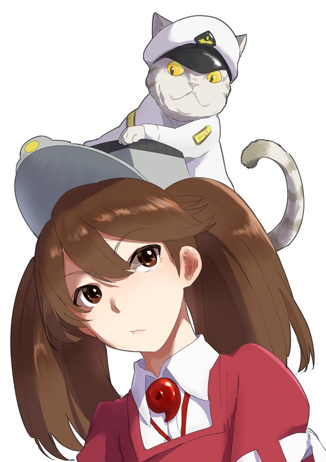 1girl animal animal_on_head brown_eyes brown_hair cat collared_shirt commentary_request hair_between_eyes hat japanese_clothes kantai_collection kariginu magatama military military_hat military_uniform non-human_admiral_(kantai_collection) on_head peaked_cap ryuujou_(kantai_collection) shaded_face shirt simple_background tachikoma_(mousou_teikoku) twintails uniform upper_body visor_cap white_background