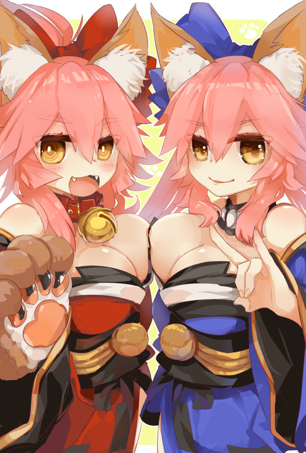 2girls :3 @_@ animal_ears bell bell_collar blush bow breast_press breasts cleavage collar detached_sleeves fangs fate/extra fate/grand_order fate_(series) fox_ears fox_shadow_puppet fox_tail hair_bow hair_ribbon japanese_clothes large_breasts long_hair looking_at_viewer glasses_poni multiple_girls open_mouth paws pink_hair ribbon symmetrical_docking tail tamamo_(fate)_(all) tamamo_cat_(fate) tamamo_no_mae_(fate) yellow_eyes