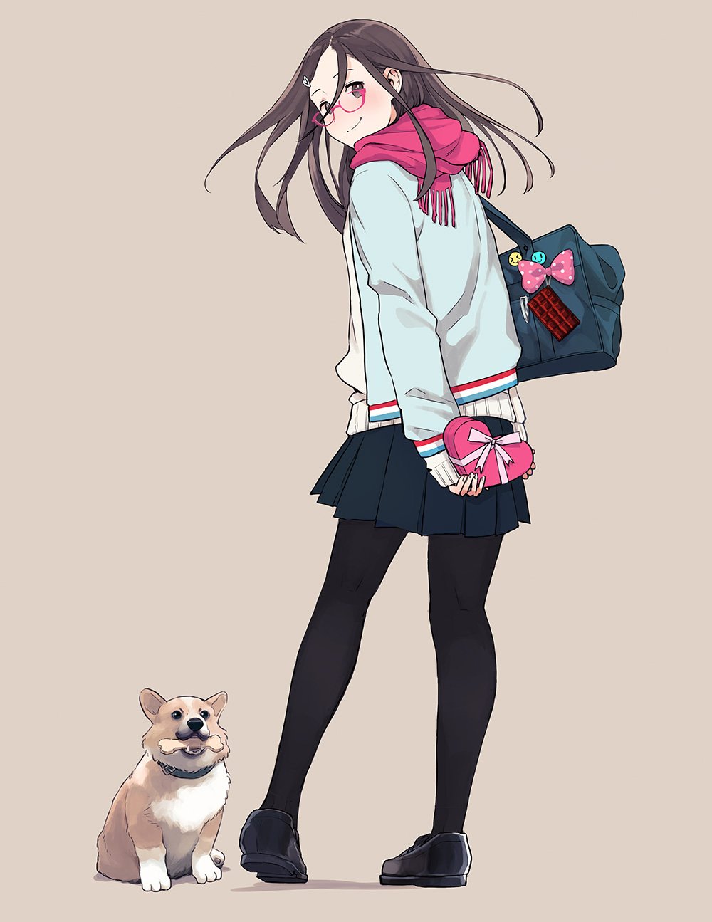 1girl badge bag black_legwear blush bone box brown_background brown_hair button_badge dog from_behind gift gift_box glass highres long_hair looking_at_viewer looking_back morifumi original pantyhose pleated_skirt scarf school_bag shoes simple_background skirt sleeves_past_wrists smile smiley_face sweater