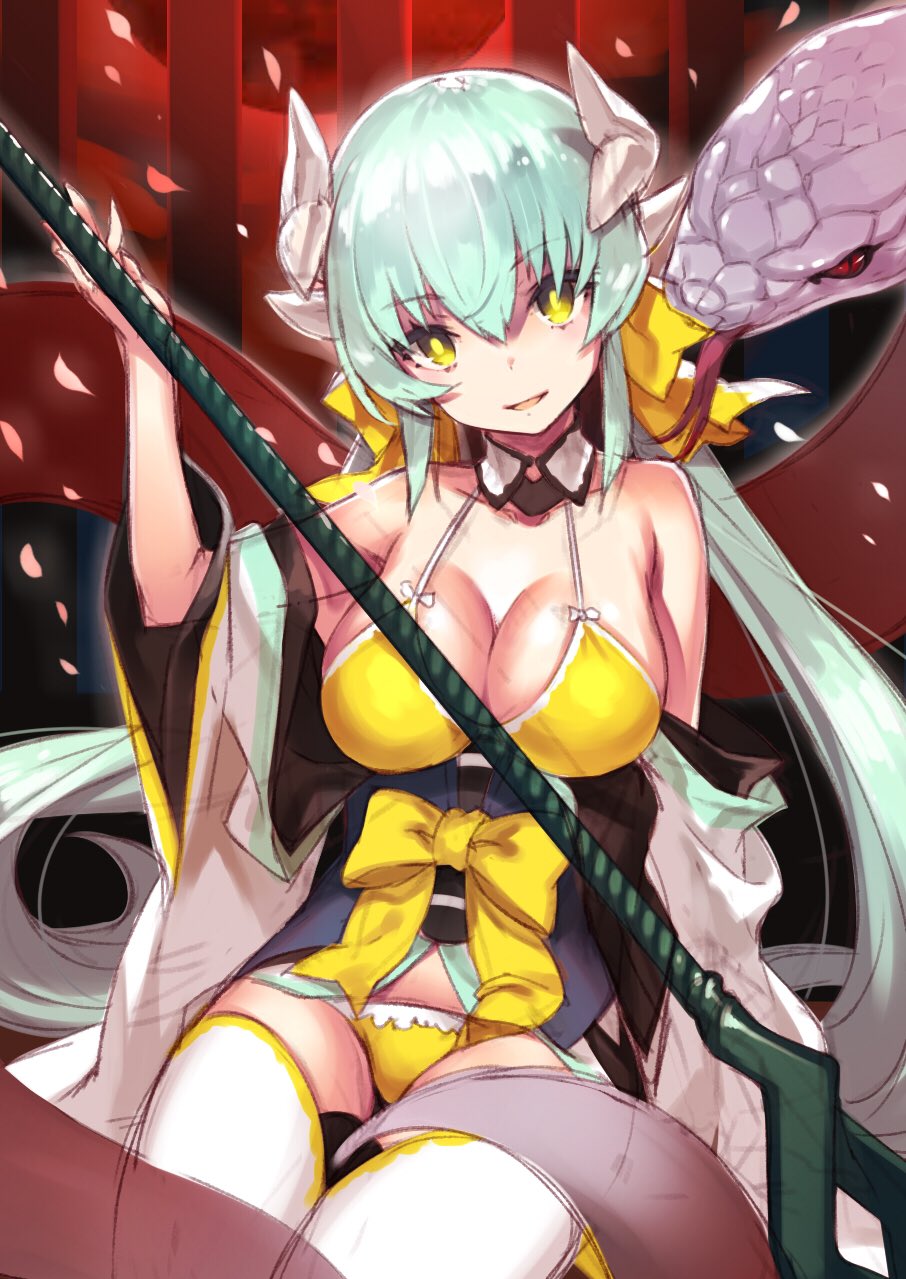 1girl animal bangs bare_shoulders bikini bow bow_bikini breasts cleavage collarbone detached_sleeves dragon_girl dragon_horns eyebrows_visible_through_hair fate/grand_order fate_(series) fingernails giant_snake green_hair hair_between_eyes hair_bow hair_ornament hand_up highres holding holding_spear holding_weapon horns japanese_clothes kimono kiyohime_(fate/grand_order) large_breasts lasa_(lasa1116) long_hair looking_at_viewer monster_girl naginata open_mouth panties petals polearm ribbon sash sidelocks sitting smile snake solo swimsuit thigh-highs tongue tongue_out underwear very_long_hair weapon white_legwear wide_sleeves yellow_bikini yellow_bow yellow_eyes yellow_panties yellow_ribbon