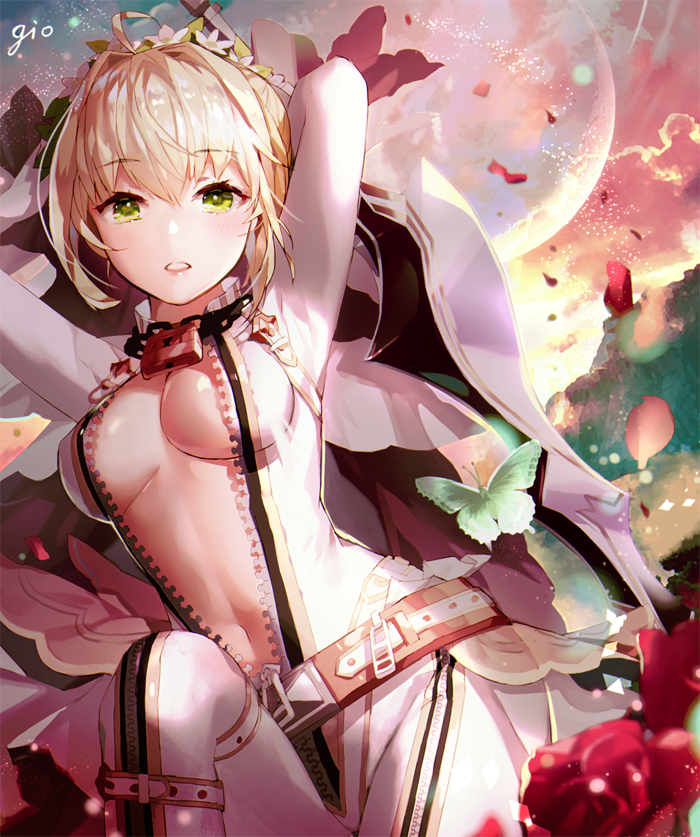 1girl aestus_estus ahoge arms_up artist_name belt blonde_hair blush bodysuit breasts butterfly center_opening chains fate/extra fate/extra_ccc fate_(series) flower gio_(maroon0924) green_eyes holding holding_sword holding_weapon light_particles lock looking_at_viewer medium_breasts moon navel no_bra padlock parted_lips partially_unzipped rose saber_bride saber_extra solo sword sword_behind_back veil weapon zipper