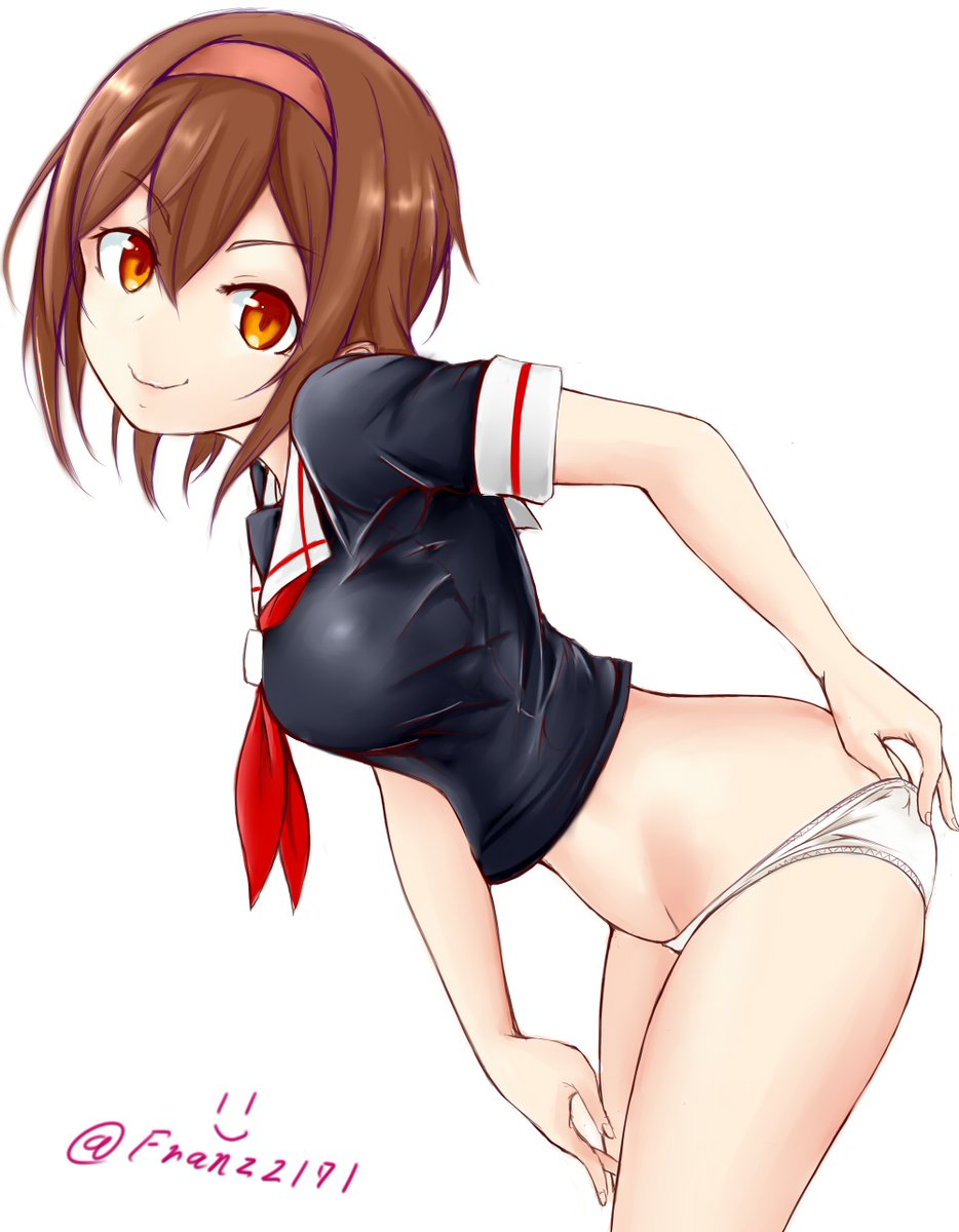 1girl bangs bent_over black_serafuku brown_hair closed_mouth cowboy_shot franz_(217franz) from_side hairband head_tilt highres kantai_collection light_smile looking_at_viewer no_pants orange_eyes orange_hairband panties panty_pull red_neckerchief school_uniform serafuku shiratsuyu_(kantai_collection) short_hair short_sleeves simple_background solo standing twitter_username underwear white_background white_panties