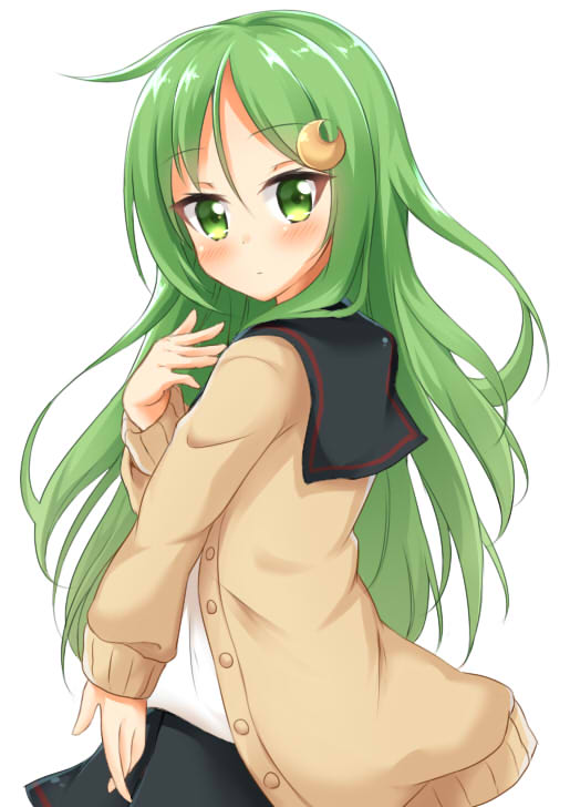 1girl alternate_costume blush commentary_request crescent crescent_hair_ornament eyebrows_visible_through_hair green_eyes green_hair hair_ornament kamakani_(kanikama8192) kantai_collection long_hair long_sleeves looking_at_viewer nagatsuki_(kantai_collection) school_uniform simple_background solo white_background