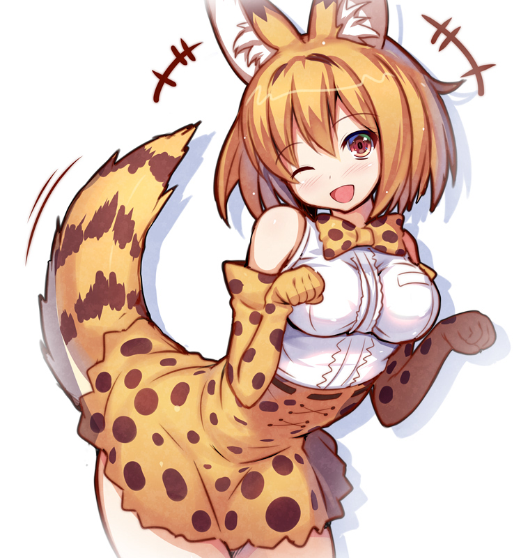 +++ 1girl ;d animal_ears animal_print bare_shoulders blush bow bowtie breast_pocket breasts cat_ears cat_tail cowboy_shot elbow_gloves eyebrows_visible_through_hair gloves head_tilt high-waist_skirt kemono_friends laughing leaning_forward leopard_print looking_at_viewer medium_breasts migumigu motion_lines one_eye_closed open_mouth orange_hair paw_pose pocket red_eyes serval_(kemono_friends) serval_ears serval_tail shirt short_hair simple_background sleeveless sleeveless_shirt smile solo standing tail tail_wagging white_background white_shirt