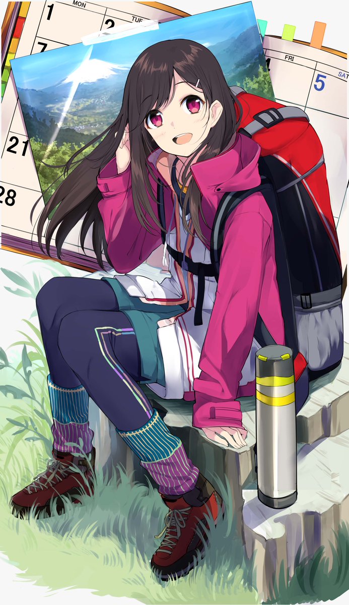 1girl :d backpack bag blush book bookmark brown_hair coat full_body grass hair_ornament hairclip highres hiking kneehighs long_hair mountain number open_book open_mouth original pants pink_eyes postcard shoes sitting sleeves_past_wrists smile solo thermos touzai_(poppin_phl95) white_background