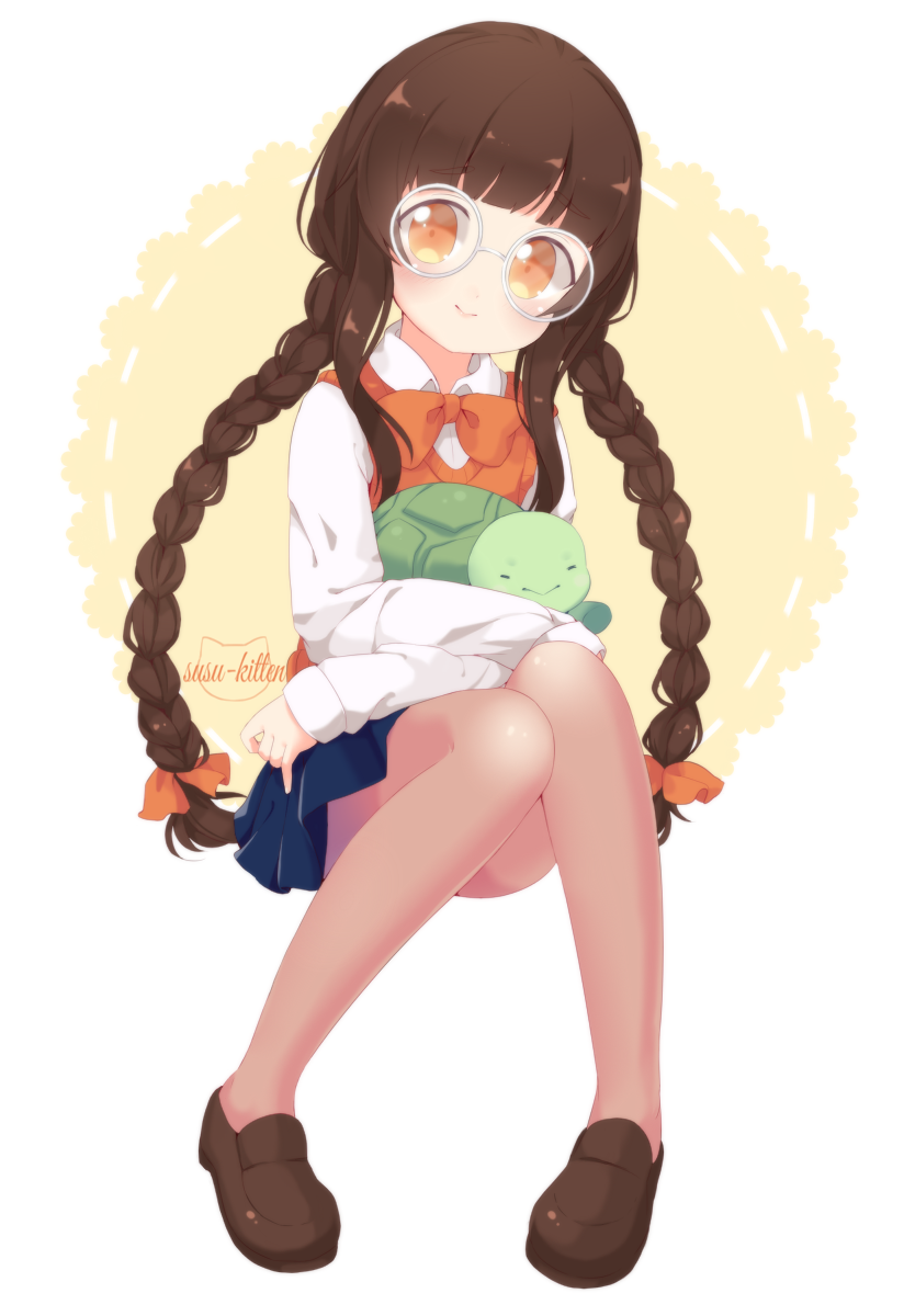 1girl :&gt; artist_name bow bowtie braid brown_hair full_body glasses hair_ribbon highres knees_together_feet_apart long_hair miniskirt orange_eyes original pantyhose pleated_skirt ribbon sidelocks skirt smile solo susukitten sweater_vest turtle twin_braids