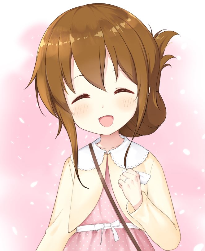 1girl :d ^_^ bell_(oppore_coppore) blush brown_hair closed_eyes dress folded_ponytail head_tilt inazuma_(kantai_collection) jewelry kantai_collection long_sleeves open_mouth pink_background pink_dress polka_dot polka_dot_dress ring smile solo upper_body wedding_band