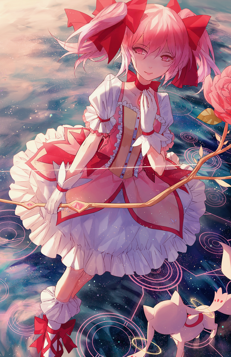 1girl bobby_socks bow bow_(weapon) brooch bubble_skirt buttons choker closed_mouth collarbone commentary constellation creature dutch_angle flower frilled_sleeves frills gem gloves hair_bow hand_on_own_chest highres holding holding_weapon jewelry kaname_madoka kanekiru kyubey legs_together light_particles looking_at_viewer looking_to_the_side magical_girl mahou_shoujo_madoka_magica pink_eyes pink_hair pink_lips pink_rose puffy_short_sleeves puffy_sleeves red_bow red_lips red_shoes revision ribbon_choker rose shoes short_hair short_sleeves skirt smile socks standing tsurime twintails weapon white_gloves white_legwear white_skirt