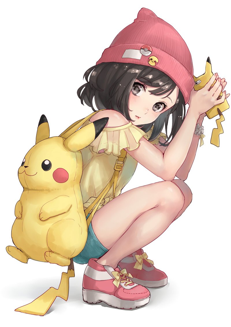 1girl bag beanie black_eyes black_hair blush female_protagonist_(pokemon_sm) from_side full_body green_shorts hat lips looking_to_the_side miimmiim3333 nail_polish off_shoulder phone pikachu pink_lips pink_nails poke_ball pokemon pokemon_(game) red_hat red_shoes ribbon scrunchie shirt shoes short_hair shorts simple_background sitting solo tied_shirt white_background wrist_scrunchie yellow_ribbon yellow_shirt