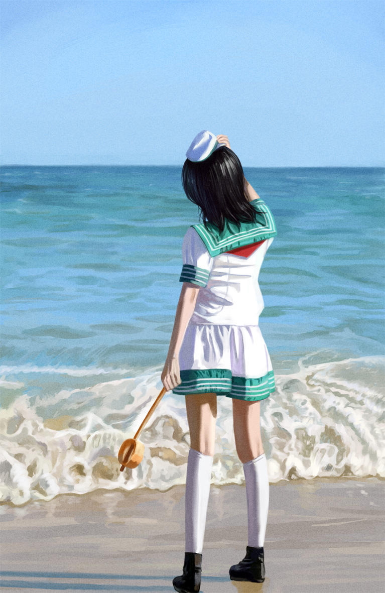 1girl amibazh beach black_hair from_behind hand_on_headwear hat horizon kneehighs long_hair looking_afar murasa_minamitsu ocean sailor_collar shadow shorts solo touhou water waves