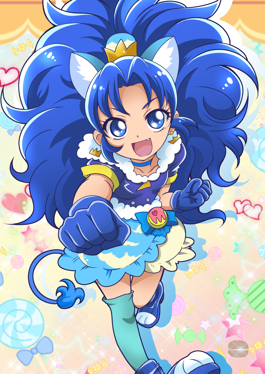 1girl :d animal_ears artist_request blue_boots blue_eyes blue_gloves blue_hair blue_legwear blue_skirt boots cat_ears cat_tail clenched_hand cure_gelato earrings extra_ears eyelashes fang food_themed_hair_ornament gloves hair_ornament happy highres jewelry kirakira_precure_a_la_mode lion_ears lion_tail long_hair looking_at_viewer magical_girl open_mouth precure single_thighhigh skirt smile solo source_request tail tategami_aoi teeth thigh-highs