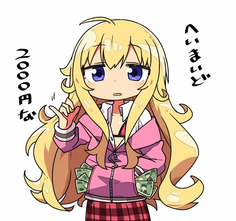 blonde_hair bra gabriel_dropout jacket kanikama looking_at_viewer lowres messy_hair money open_mouth partially_translated tenma_gabriel_white translation_request underwear violet_eyes