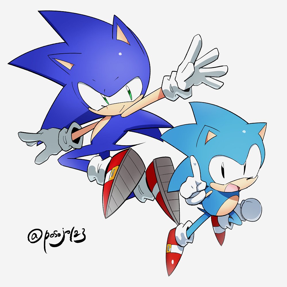 2boys artist_name dual_persona gloves green_eyes hedgehog looking_at_viewer male_focus multiple_boys open_mouth shoes simple_background smile sneakers sonic sonic_the_hedgehog twitter_username