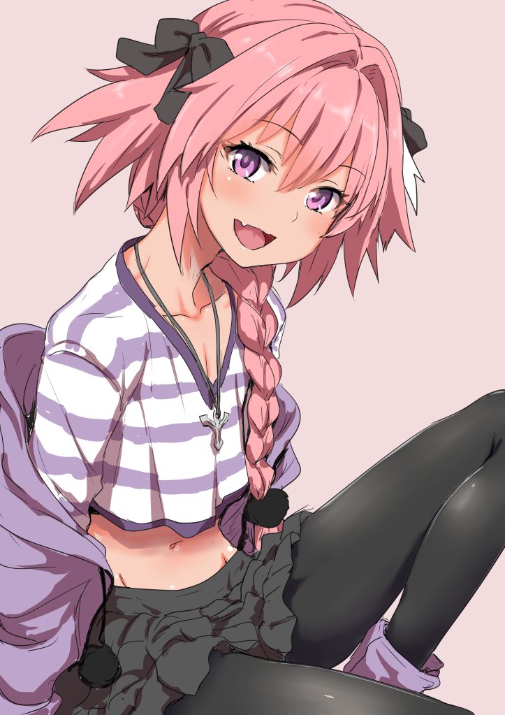 1boy :d bangs black_legwear black_ribbon black_skirt blush boots braid clearite collarbone crop_top crop_top_overhang eyebrows_visible_through_hair fang fate/apocrypha fate_(series) hair_between_eyes hair_ribbon jewelry long_hair looking_at_viewer midriff navel necklace open_mouth pantyhose pink_background pink_hair ribbon rider_of_black simple_background single_braid skirt smile solo trap violet_eyes