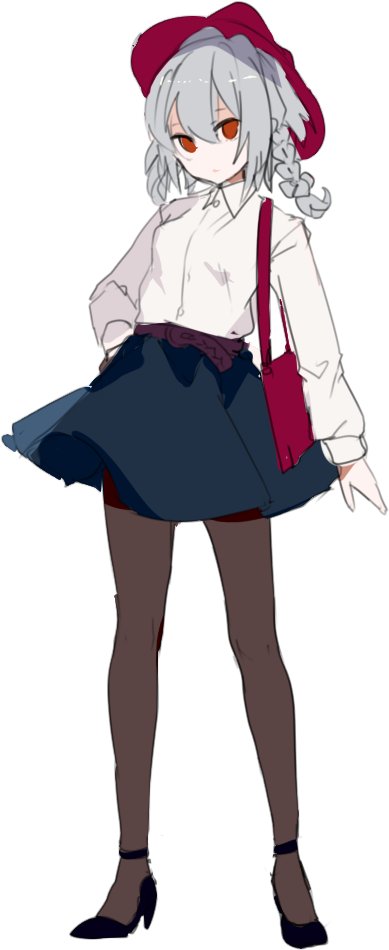 1girl alternate_costume arm_at_side bag belt black_legwear black_shoes blue_skirt braid brown_legwear buttons casual collared_shirt daimaou_ruaeru dress_shirt full_body hand_on_hip handbag hat izayoi_sakuya long_sleeves looking_at_viewer no_pupils over_shoulder pantyhose red_eyes red_hat shirt shoes short_hair silver_hair simple_background single_braid sketch skirt solo standing touhou white_background wing_collar