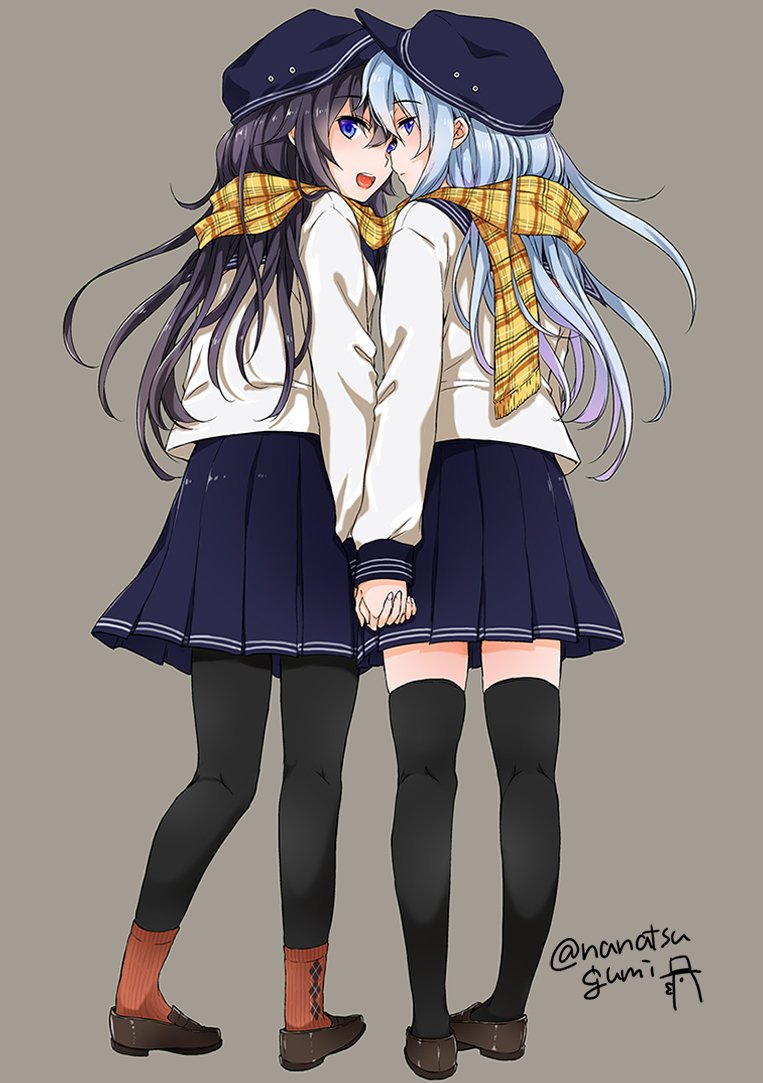 2girls akatsuki_(kantai_collection) bangs black_hair black_legwear blue_eyes blue_hair blue_skirt brown_background brown_shoes closed_mouth expressionless eyebrows_visible_through_hair flat_cap full_body hair_between_eyes hand_holding hat hibiki_(kantai_collection) kantai_collection loafers long_hair long_sleeves looking_at_viewer looking_back multiple_girls nanatsugumi open_mouth pantyhose plaid plaid_scarf pleated_skirt profile scarf shoes signature simple_background skirt smile standing teeth thigh-highs twitter_username yellow_scarf