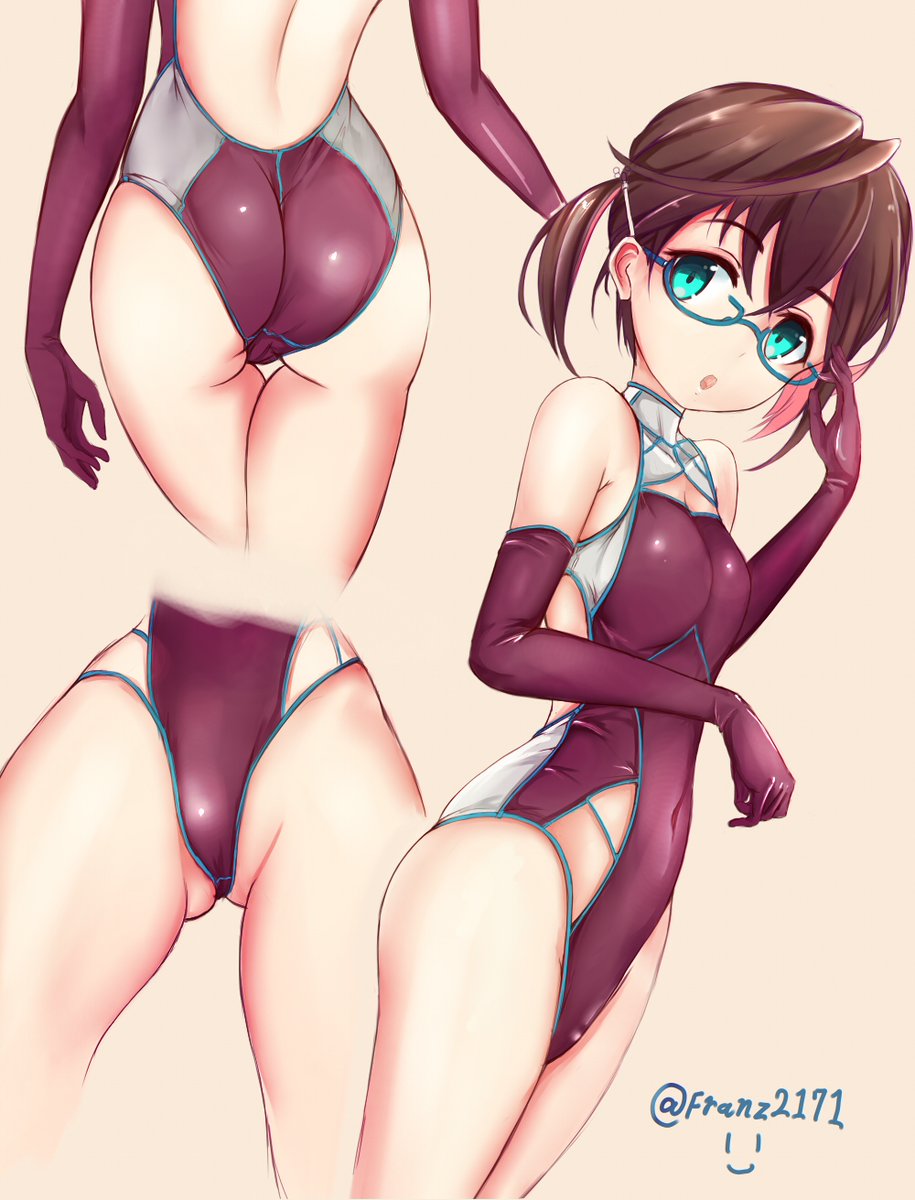 1girl adapted_costume adjusting_glasses ass bangs black_hair blue-framed_eyewear breasts brown_hair competition_swimsuit covered_navel crotch_seam elbow_gloves franz_(217franz) from_behind glasses glassses gloves green_eyes halterneck highres kantai_collection leotard looking_at_viewer multicolored_hair multiple_views okinami_(kantai_collection) one-piece_swimsuit parted_lips pink_hair purple_gloves purple_leotard purple_swimsuit short_hair short_ponytail simple_background skindentation sleeveless small_breasts solo standing swimsuit thigh_gap thighs twitter_username white_background