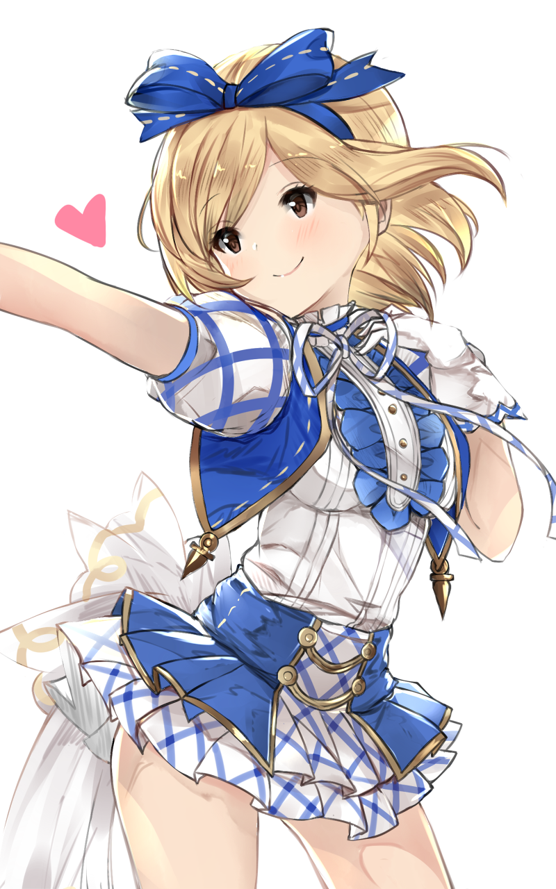 1girl alternate_costume blonde_hair brown_eyes commentary_request djeeta_(granblue_fantasy) eyebrows_visible_through_hair gloves granblue_fantasy hairband heart highres nemun_(tamizzz) out_of_frame short_hair short_sleeves simple_background smile solo superstar_(granblue_fantasy) white_background white_gloves