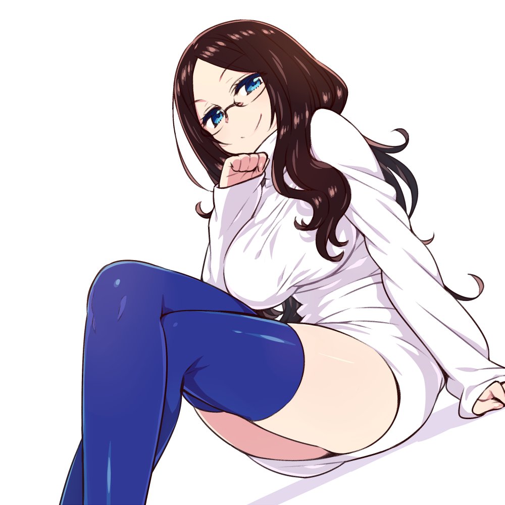 1girl arm_at_side bangs blue_eyes blue_legwear breasts brown_hair chan_co closed_mouth dress eyebrows_visible_through_hair fate/grand_order fate_(series) fingernails glasses hand_on_own_chin hand_up large_breasts legs_crossed leonardo_da_vinci_(fate/grand_order) long_hair long_sleeves looking_at_viewer parted_bangs ribbed_sweater rimless_glasses short_dress simple_background sitting sleeves_past_wrists smile solo sweater sweater_dress thigh-highs turtleneck turtleneck_sweater white_sweater